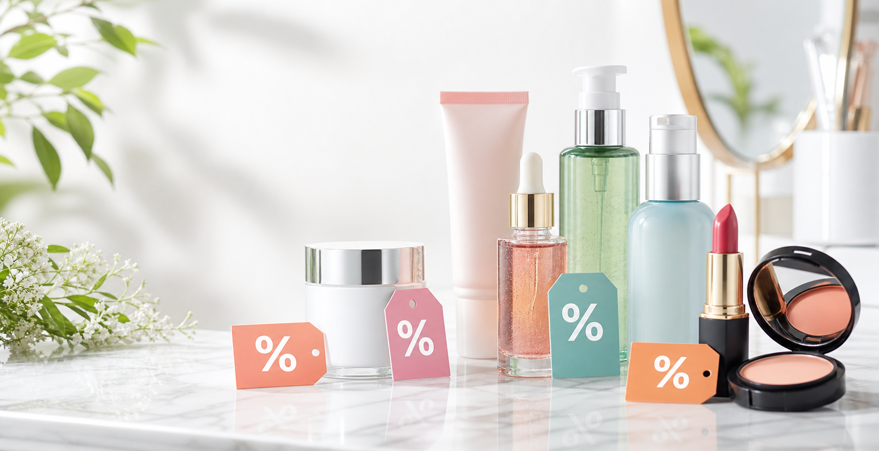 Beauty products arranged with generic coupon tags
